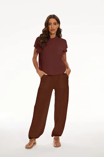 Vista 2 de SAFRISIOR Conjunto de suéter de dos piezas para mujer, sin mangas, suéter de punto y pantalones de cintura alta