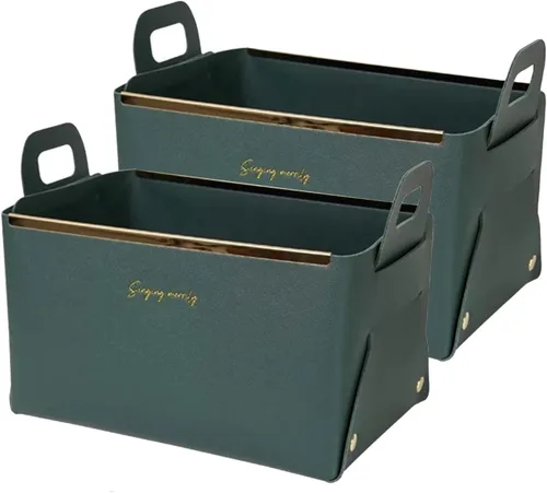 Vista 13 de Cesta decorativa de piel sintética, cesta pequeña para entrada, mesita de noche, cómoda, caja organizadora rectangular plegable (marrón)