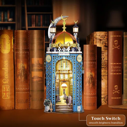 Vista 7 de Kit de Rincón de Libros DIY, Rompecabezas de Madera 3D Mezquita en Miniatura Booknook Sujetalibros Decoración de Estantería con Luz LED, La Casa