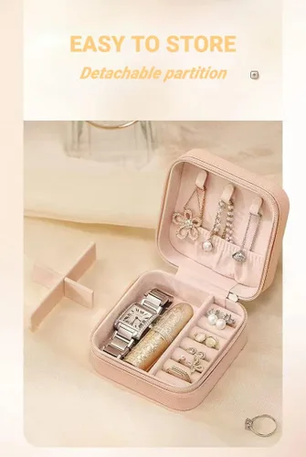Vista 4 de Sazfli Joyero de viaje, pequeñas cajas organizadoras de joyas, estuche de joyería portátil para mujeres y niñas, de piel sintética, mini organizador