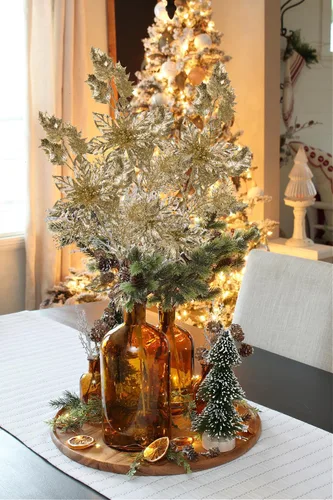 Vista 6 de 6 piezas de selecciones para árbol de Navidad de 25 pulgadas con purpurina, flores de Pascua con purpurina en aerosoles con flores, hojas de acebo
