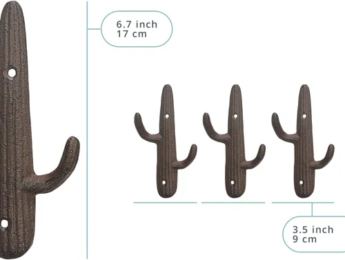 Vista 3 de Comfify Juego de 3 ganchos dobles de cactus marrón – Hierro fundido Juego de 3 ganchos para cactus, 2 ganchos cada uno, 6 en total; tornillos