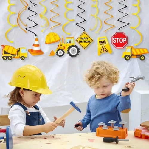 Vista 3 de Decoración de remolino colgante de construcción de 30 unidades, serpentinas temáticas de cumpleaños de camiones de construcción, suministros