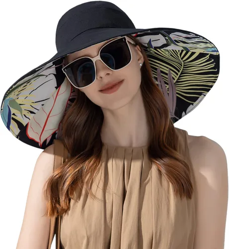 Vista 2 de HUAMULAN Sombrero de sol de verano para mujer, ala ancha, borde con alambre, floral, playa, cubo, sombreros reversibles, plegables, protección UV