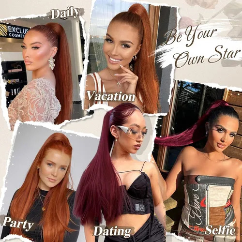 Vista 6 de Barsdar Extensión de Cola de Caballo Castaño - Extensión de Cabello en Cola de 30 Pulgadas Larga y Recta con Cordón Ajustable para Mujeres Caoba