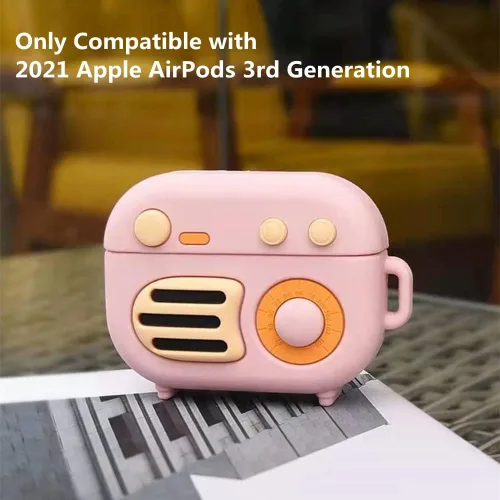 Vista 2 de KAIJIA - Bonita funda para Apple AirPods 3ª generación 2021 con llavero, divertido diseño de radio retro de dibujos animados en 3D, funda protectora