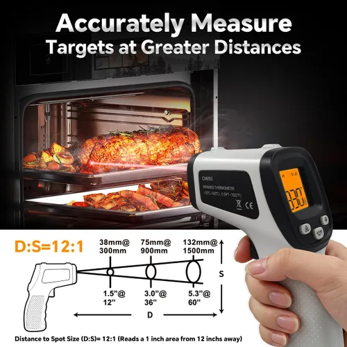 Vista 4 de Pistola termómetro digital infrarroja para cocinar, barbacoa, horno de pizza, termómetro infrarrojo láser con retroiluminación, -58℉~1022℉(-58.0