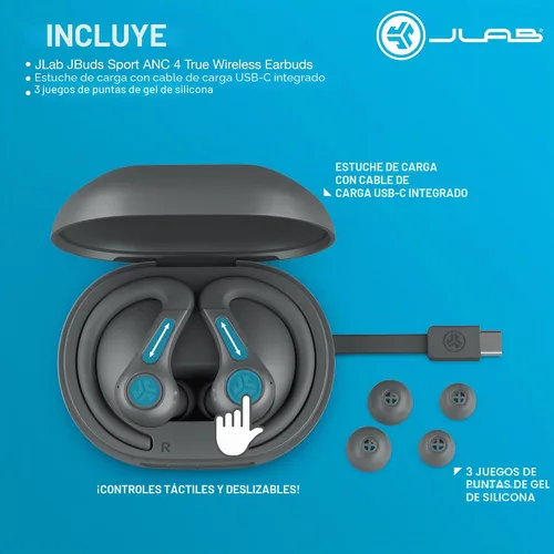 Vista 7 de JLab JBuds Sport ANC 4 True Wireless Bluetooth Audífonos + Estuche de Carga, Grafito, Controles de Deslize + Toque, Cancelación Activa de Ruido