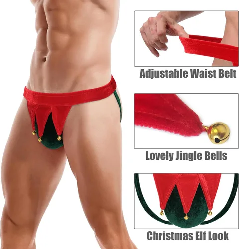 Vista 5 de FreeNFond Gag Gift Chritmas Elf Thong Men G-String M Ropa interior con cascabeles