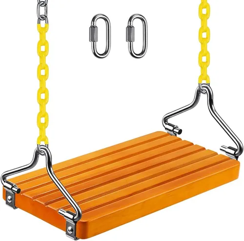 Vista 8 de SELEWARE Columpio de madera colgante, asiento de columpio de 17.5 x 8.2 pulgadas con cadena y 2 mosquetones, columpio de árbol de madera