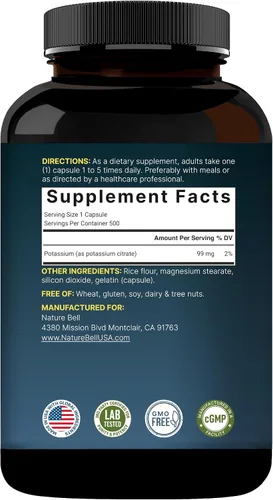 Vista 8 de NatureBell Citrato de potasio 99 mg, 500 cápsulas - Suplementos minerales quelatados - Sin OMG, sin gluten