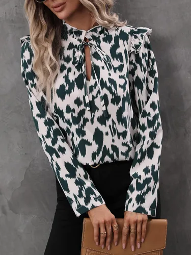 Vista 3 de OYOANGLE Blusa de manga larga con estampado floral y ribete de volantes para mujer