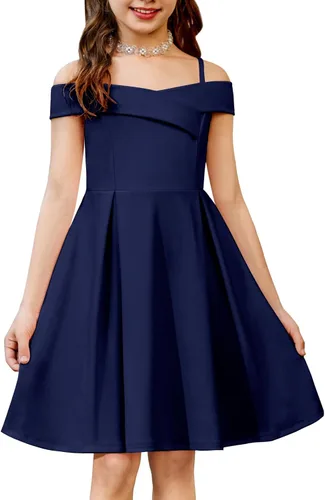 Vista 11 de Arshiner Vestido de verano para niñas con hombros descubiertos, plisado, formal, elegante Azul