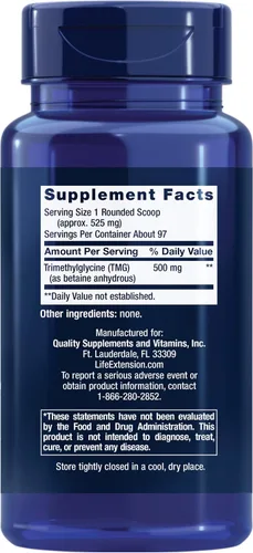 Vista 2 de Life Extension Polvo TMG – Trimetilglicina – Ayuda a mantener niveles normales de homocisteína, salud del corazón – Sin gluten, sin OMG, vegetariano
