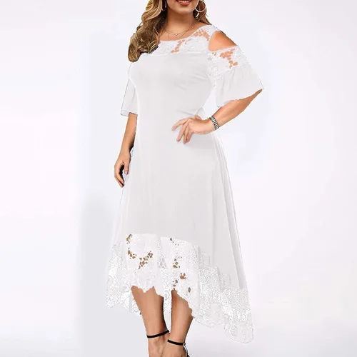 Vista 4 de Vestidos de talla grande para mujer, vestido de verano 2023, elegante, sexy, entallado, con encaje, retazos, manga con volantes, vestido de invitada
