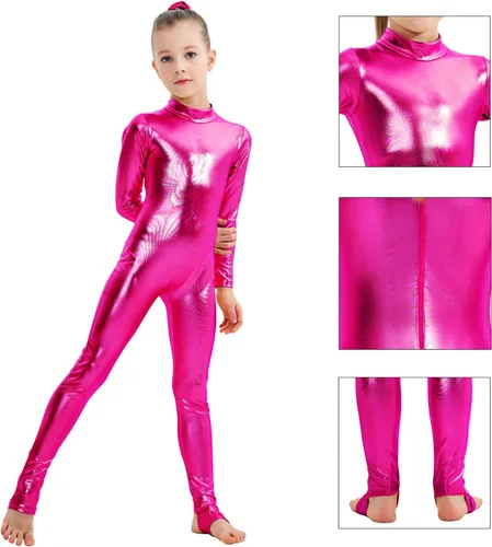 Vista 5 de YgneeDom Body de una pieza de elastano de manga larga metálico brillante para niñas, Metálico