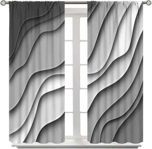 Vista 2 de Cortinas degradadas grises y negras, con textura geométrica moderna abstracta para cocina, dormitorio, sala de estar, juegos de 2 paneles