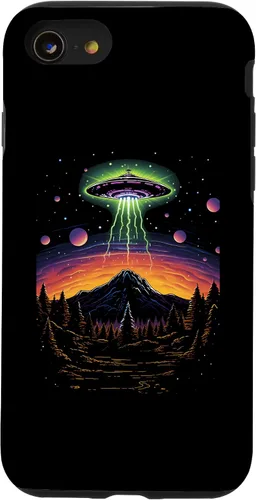 Vista 13 de iPhone 14 colorido OVNI Bright Mountain Lake Camping Alien Visitors Case