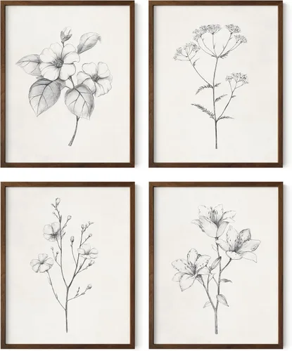 Vista 41 de HAUS AND HUES Arte de pared floral gris, juego de 4 pósteres de plantas para pared vintage, impresiones botánicas, cuadros de flores en blanco