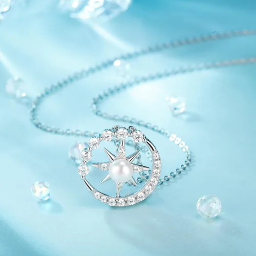 Vista 4 de Collar de perlas, brújula, regalo para esposa, joyería fina, aniversario de boda, plata de ley S925, colgante de Navidad, Día de la Madre, regalos