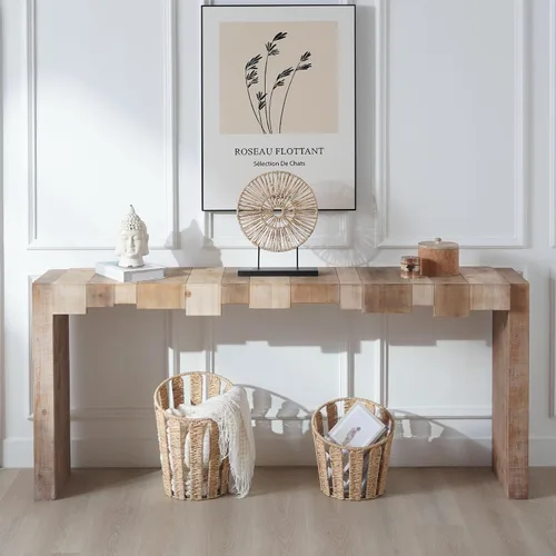 Vista 3 de SOFTSEA Mesa consola de granja con diseño de bloques escalonados, mesa consola extra larga de 71 pulgadas para sala de estar, pasillo, madera natural