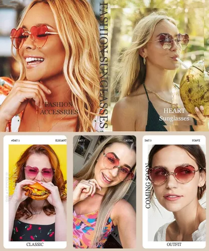 Vista 5 de Lentes de sol con forma de corazón, con marco de metal fino, sin marco, con forma de corazón, con protección UV400 para mujer