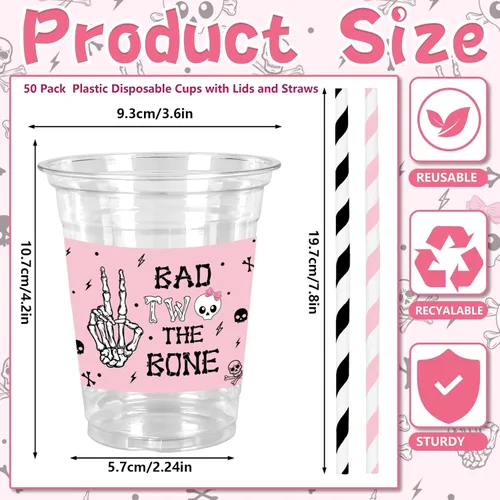Vista 2 de JarThenaAMCS 50 Vasos de Plástico de Halloween con Tapas y Pajitas Vaso para Beber 12oz Rosa Negro Calavera Bad Two The Bone Vasos Desechables