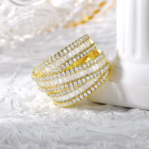 Vista 3 de OPOMOMO Eternity Ring Wedding Bands,18K Gold Plated 3 Rows Emerald Cut Lab Diamond Band Rings for Women Men