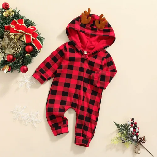 Vista 3 de Mameluco de Navidad para bebé, niña, niño, ropa de manga larga con capucha, overol de Navidad para bebé, primer traje de Navidad