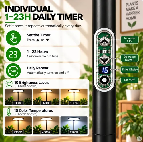 Vista 3 de Luz de crecimiento de 85 pulgadas de alto para plantas grandes Control remoto con temporizador prémium de 2300 K a 6500 K de 1 a 23 horas