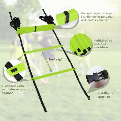 Vista 3 de GHB Escalera de agilidad profesional para entrenamiento de agilidad, velocidad de 12 peldaños y 20 pies con bolsa de transporte verde-2 por paquete