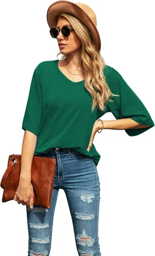 Vista 3 de SUEANI - Camiseta de cuello en V para mujer, diseño holgado con manga 34 acampanada