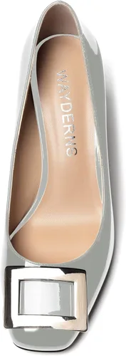 Vista 3 de WAYDERNS Zapatos de tacón alto con hebilla de metal dorada para mujer, con puntera cuadrada, de 3 pulgadas, Oro