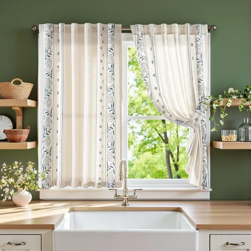 Vista 19 de jinchan Cortinas de lino floral beige para cocina, 24 pulgadas, 2 paneles A Beige