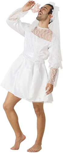 Vista 3 de Divertido disfraz de novia blanco para hombre, vestido de novia novedoso, vestido de novia para hombre, vestido elegante de ciervo, despedida