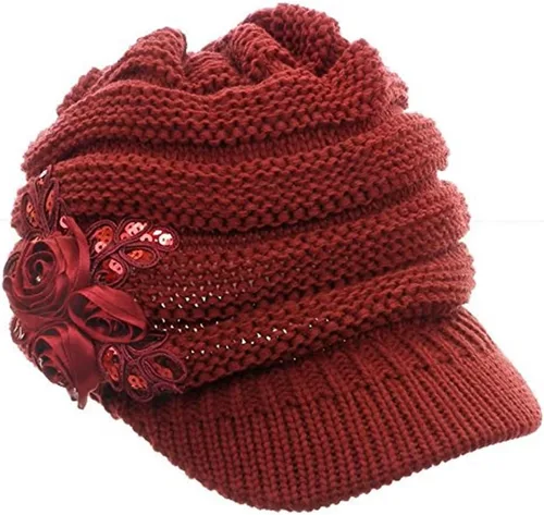 Vista 16 de C-US - Gorro de punto cálido para mujer, con visera de ganchillo con acento de flores