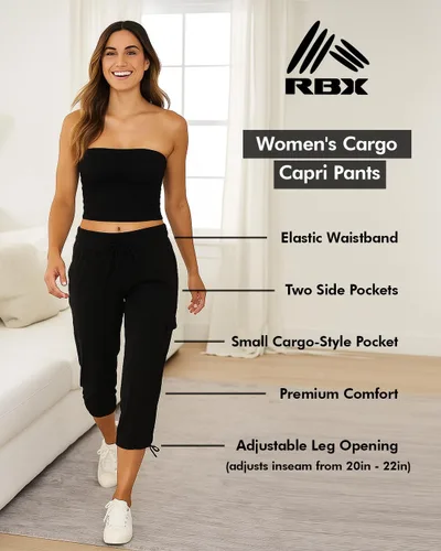 Vista 14 de RBX - Pantalón capri deportivo con cordón,ligero, con bolsillos y estilo cargo, para mujer