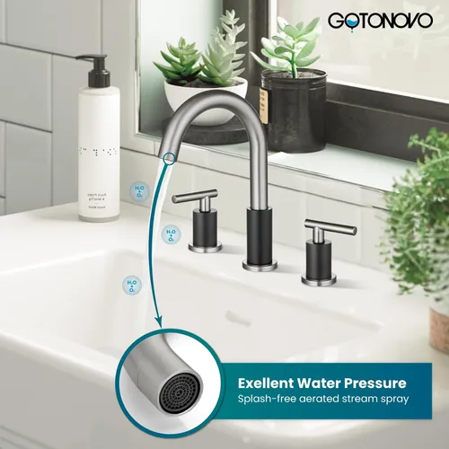Vista 3 de gotonovo Grifo de Lavabo de Baño de 3 Orificios 2 Manijas con Desagüe Emergente con Válvulas Mezcladoras de Agua Caliente y Fría Grifo de Baño Negro