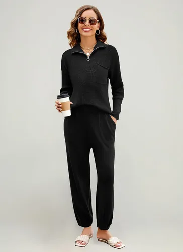 Vista 5 de softome Conjunto de 2 piezas para mujer, suéter de manga larga, con cremallera de 14, suéter de punto, pantalones casuales, conjunto de ropa