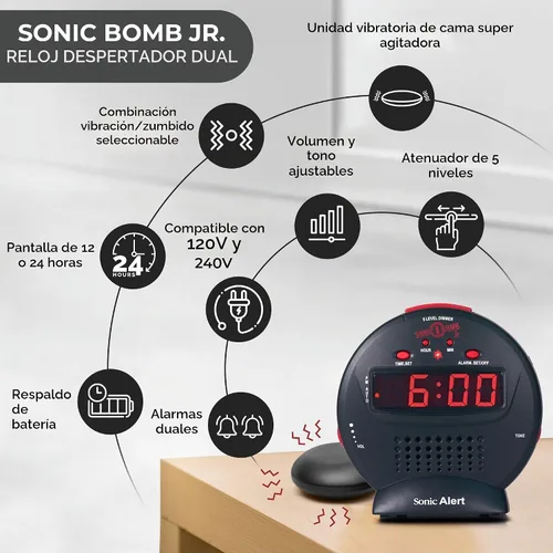 Vista 3 de Despertador Sonic Alert SBJ525ss Sonic Bomb Jr., negro/rojo