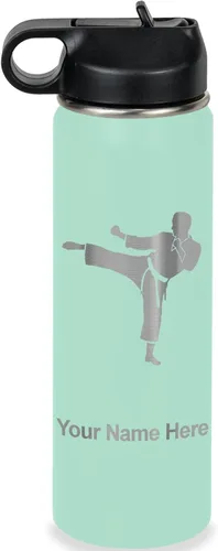 Vista 59 de Botella de agua personalizada LaserGram, Karate Man, de acero inoxidable con aislamiento al vacío de doble pared con tapa abatible, regalo grabado