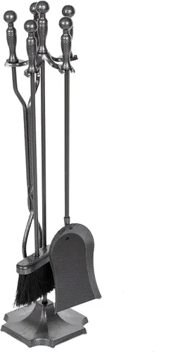 Vista 8 de nalone Juego de 5 herramientas para chimenea, asas de latón, accesorios de chimenea de hierro forjado con póquer, pinzas, pala, cepillo