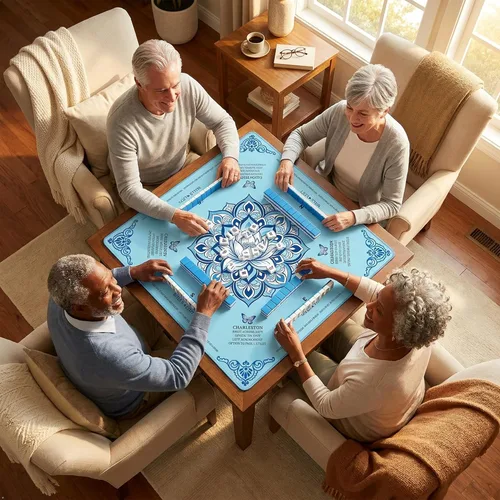 Vista 2 de American Learning - Tapete de mesa Mahjong azul con reglas