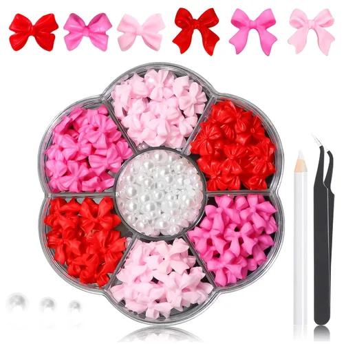 Vista 10 de RODAKY - Abalorio de uñas con lazo rosa y blanco en 3D de colores-3