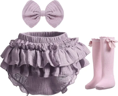 Vista 7 de Conjunto de bombachos y lazos de algodón para bebé recién nacida, pantalones cortos con volantes y diadema Café