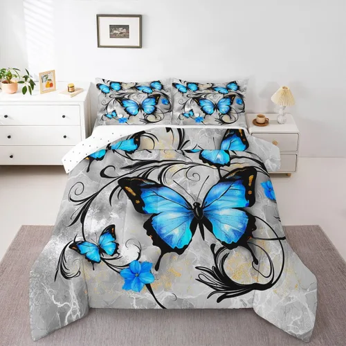 Vista 26 de Erosebridal Juego de ropa de cama de calavera gótica, flores mandala, mariposa hippie para niñas y niños, edredón de esqueleto de la muerte de Negro