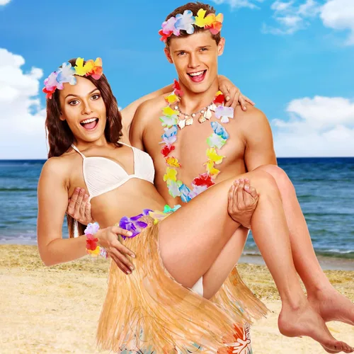 Vista 6 de Paquete de 5 faldas hawaianas de hierba hula para fiesta de Hawaii Luau, falda de baile Hula con accesorio de disfraz de fiesta hawaiana Lei Hawaii
