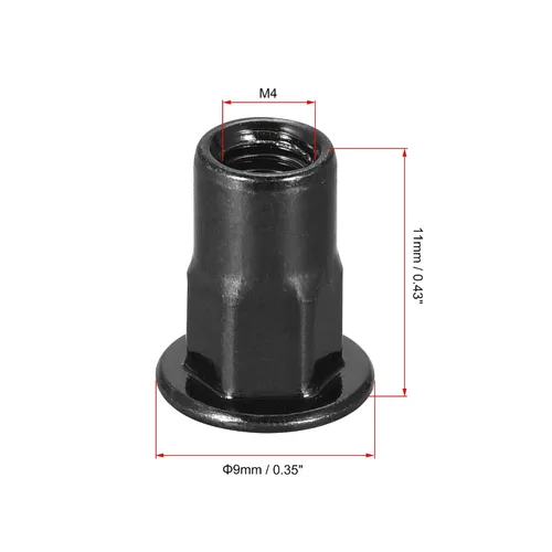 Vista 2 de uxcell Tuercas de remache M4, rosca media hexagonal de acero al carbono galvanizado cabeza plana roscada tuerca de inserción negra 50 piezas