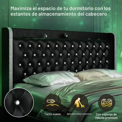 Vista 5 de GEGOFORU Base de cama Queen con luces LED y proyector de galaxia, moderna plataforma con respaldo alado con 4 cajones de almacenamiento, puertos
