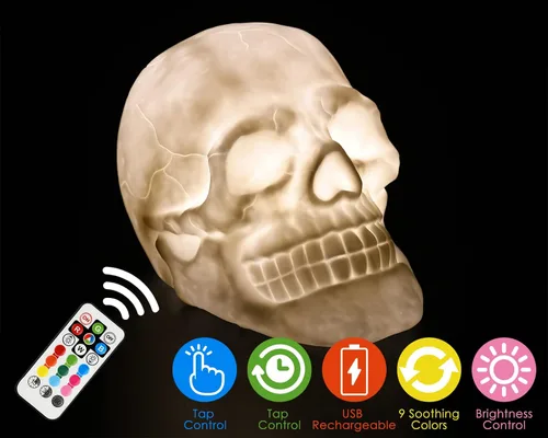 Vista 6 de DS. DISTINCTIVE STYLE Lámpara de luz nocturna regulable con control táctil de calavera 3D, viene con control remoto que cambia de color, iluminación